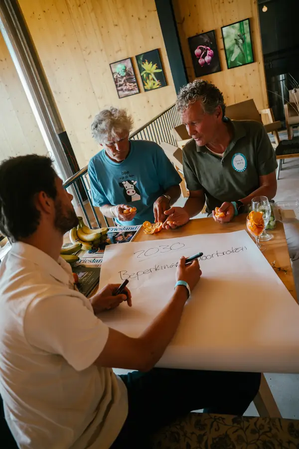 Drie mensen schetsen ideeën op een groot vel papier
